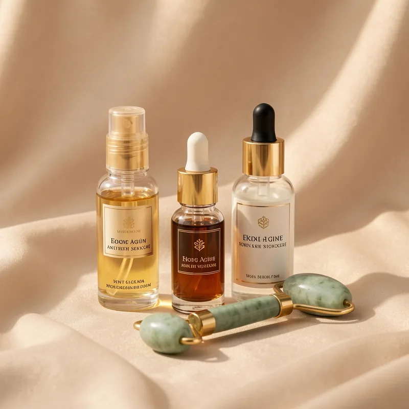 Flacons de sérum et crème de soin du visage posés sur un plan de travail clair, lumière douce